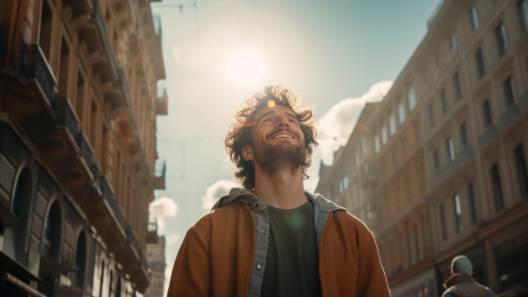 A happy young caucasian man looking up at the sky alone in a busy city, sun shining | Is Esketamine Nasal Spray the Quick Fix We've Been Waiting For? | Mindful Health Solutions