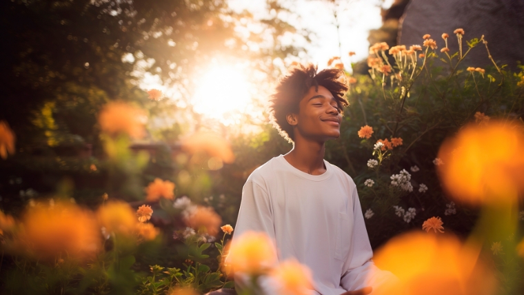 Graceful African American man meditating in the garden surrounded by flowers | 10+ Coping Strategies to Improve Your Mental Health and Well-Being | Mindful Health Solutions