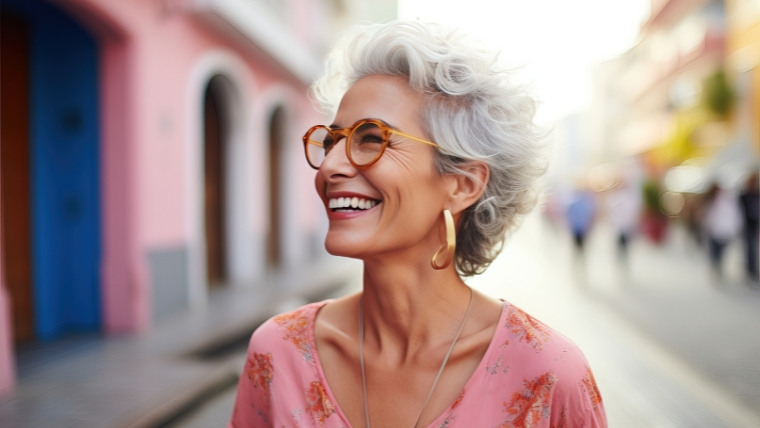 Smiling caucasian woman in glasses while walking around the city | A Medication-Free Way to Relieve Chronic Pain? The Science Behind TMS | Mindful Heatlh Solutions