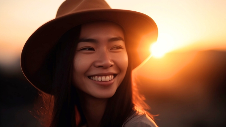 A smiling woman in a hat standing before a sunset | Accelerated TMS A New Era in Mental Health Care | Mindful Health Solutions