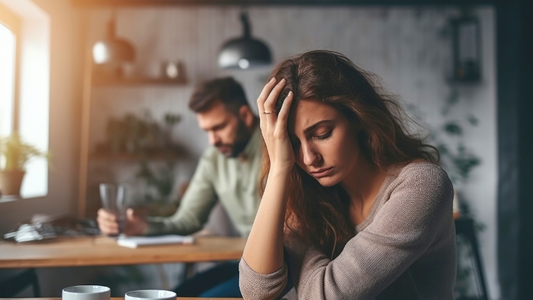 A sad and frustrated woman sitting at a table with her head in her hand while her male partner sits in the background also looking frustrated | How To Break Free from and Avoid Toxic Relationships for Better Mental Health | Mindful Health Solutions