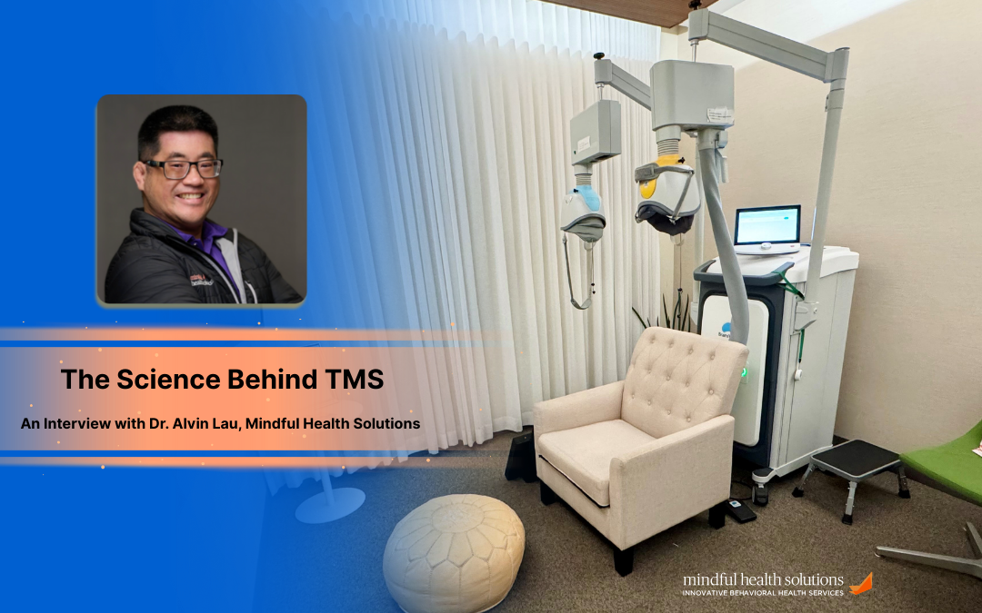 TMS chair with headshot of Dr. Alvin Lau announcing a blog on the science behind TMS